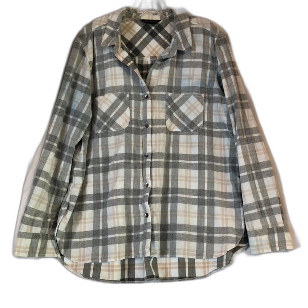 Rock & Republic Shirt Womens XL Gray Plaid Button Up Long Sleeve Pocket Casual